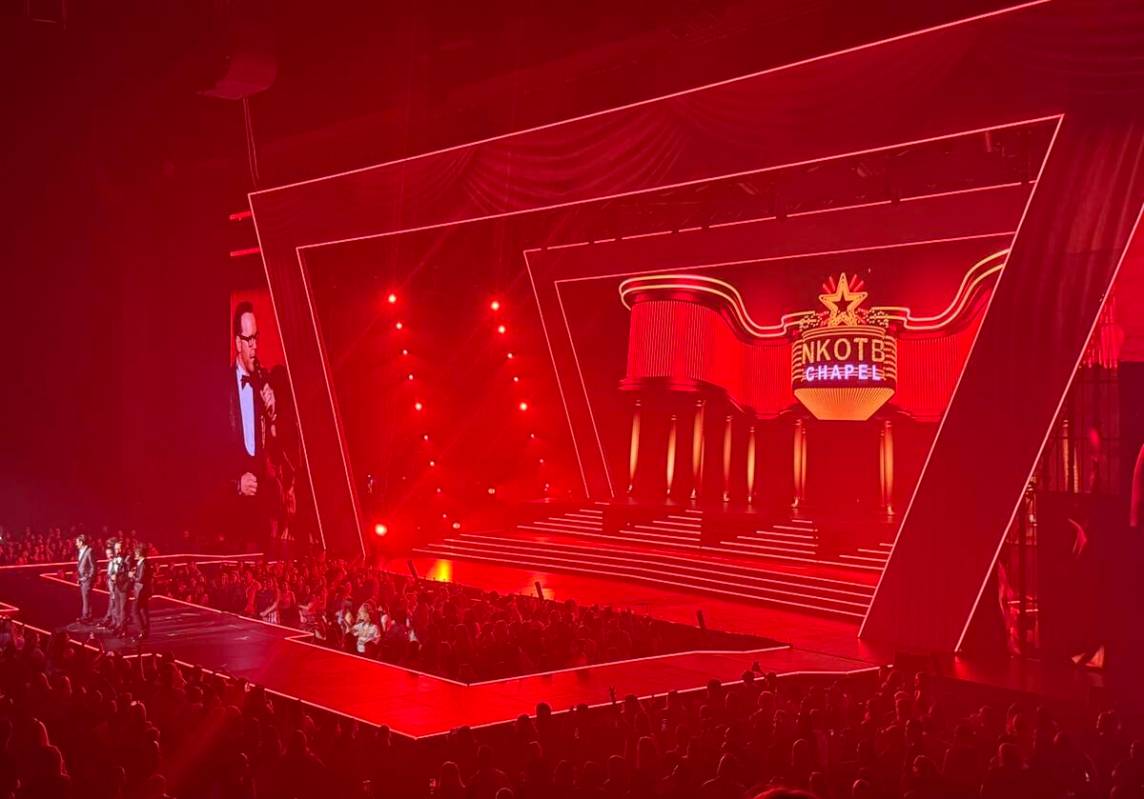 New Kids on the Block are shown at Dolby Live at Park MGM on Friday, June 20, 2025. (John Katsi ...