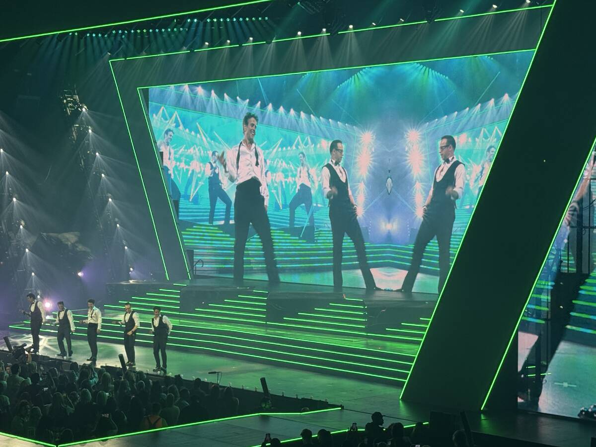 New Kids on the Block are shown at Dolby Live at Park MGM on Friday, June 20, 2025. (John Katsi ...