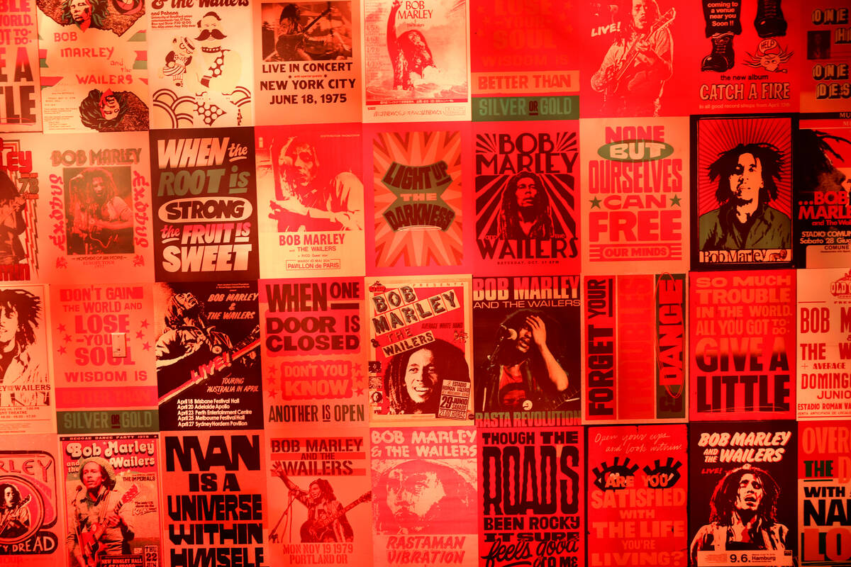 Posters are seen on a wall in the Dance Hall room during a media preview of Bob Marley Hope Roa ...