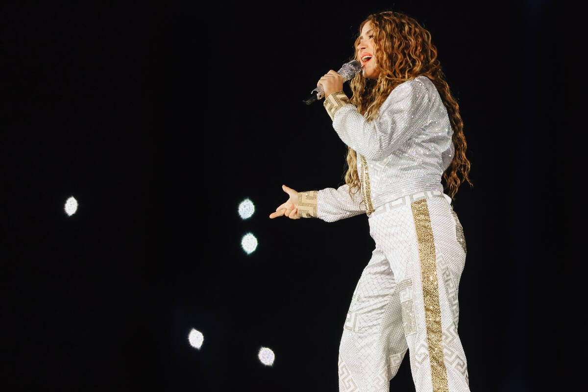 Shakira performs for her fans during a show at Allegiant Stadium Saturday June 28, 2025 in Las ...