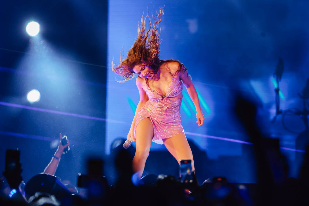 Shakira performs for her fans during a show at Allegiant Stadium Saturday June 28, 2025 in Las ...