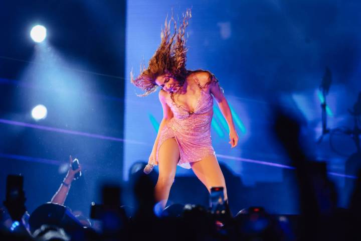 Shakira performs for her fans during a show at Allegiant Stadium Saturday June 28, 2025 in Las ...