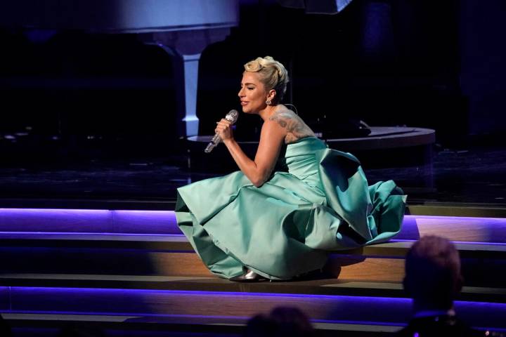 Lady Gaga performs a medley the 64th Annual Grammy Awards on Sunday, April 3, 2022, in Las Vega ...