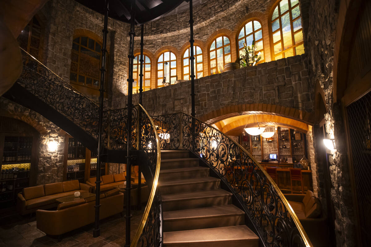 A staircase leads down to The Wine Cellar Tasting Room at the Rio on Wednesday, June 18, 2025, ...