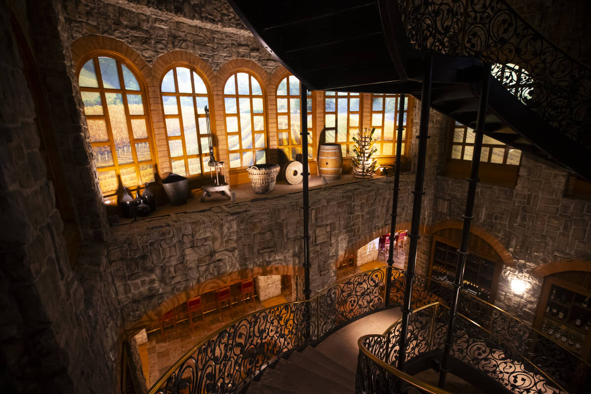 A staircase leads down to The Wine Cellar Tasting Room at the Rio on Wednesday, June 18, 2025, ...