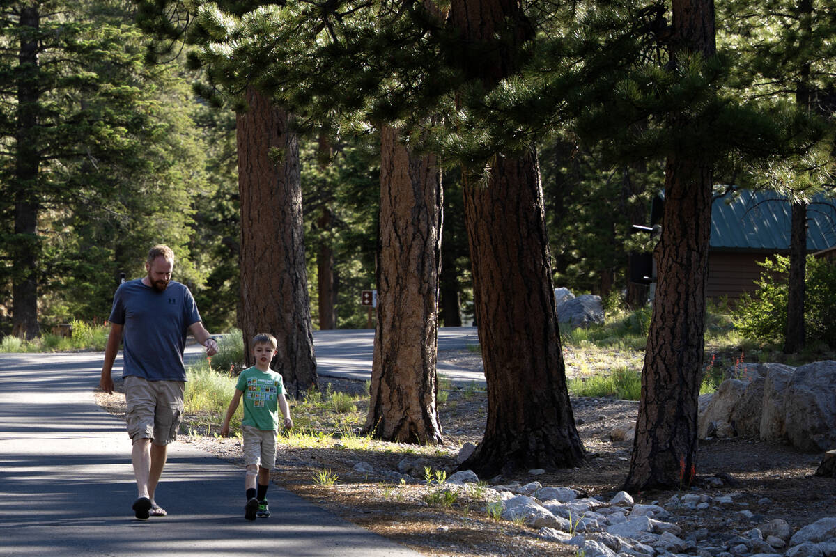 McWilliams campground guests walk down a path on Friday evening near Mount Charleston June 27, ...