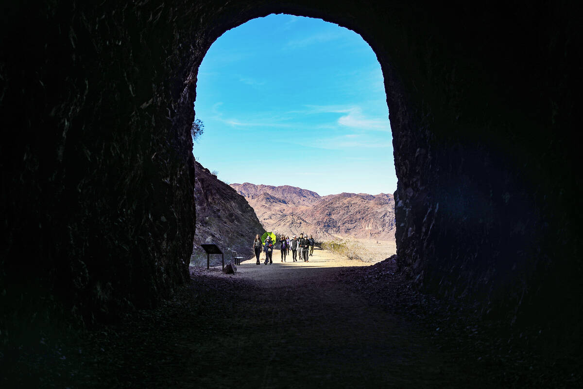 Members of the Nevada Connections Academy hike the Historic Railroad Trail in Boulder City, Nev ...