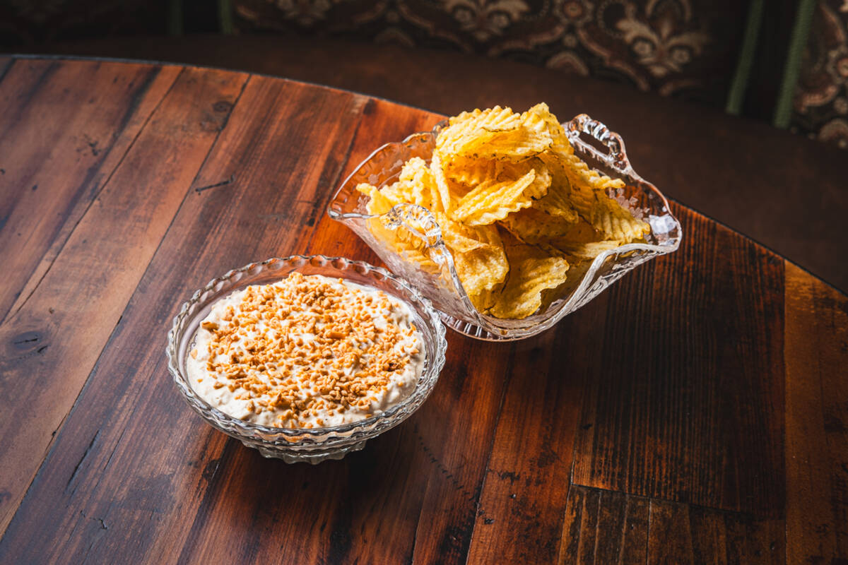 Sea salt kettle chips with caramelized onion dip from Doberman Drawing Room in downtown Las Veg ...