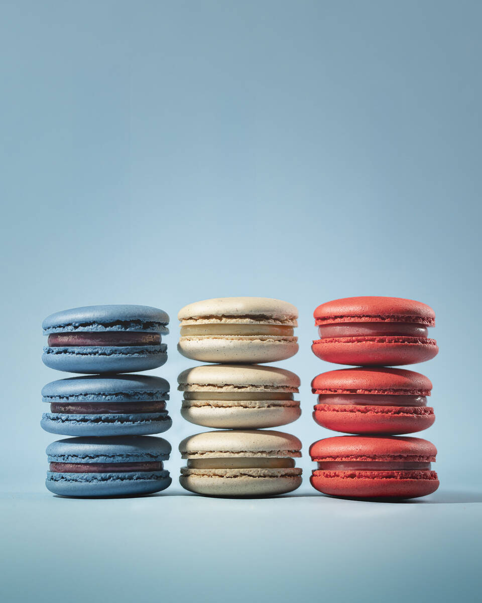 Blueberry, vanilla crème brûlée and raspberry macarons from Jean-Marie Auboine Chocolatier r ...