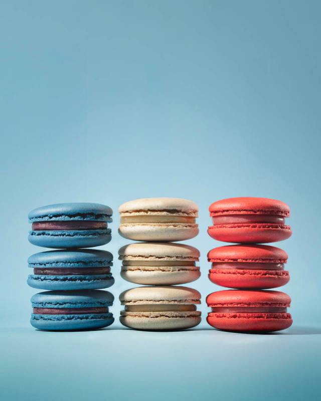 Blueberry, vanilla crème brûlée and raspberry macarons from Jean-Marie Auboine Chocolatier r ...