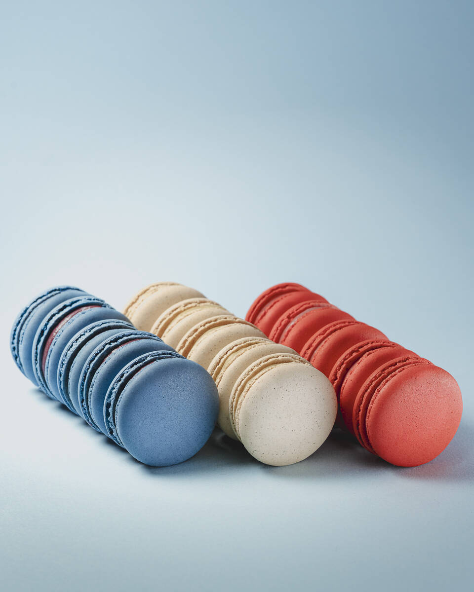 Blueberry, vanilla crème brûlée and raspberry macarons from Jean-Marie Auboine Chocolatier r ...