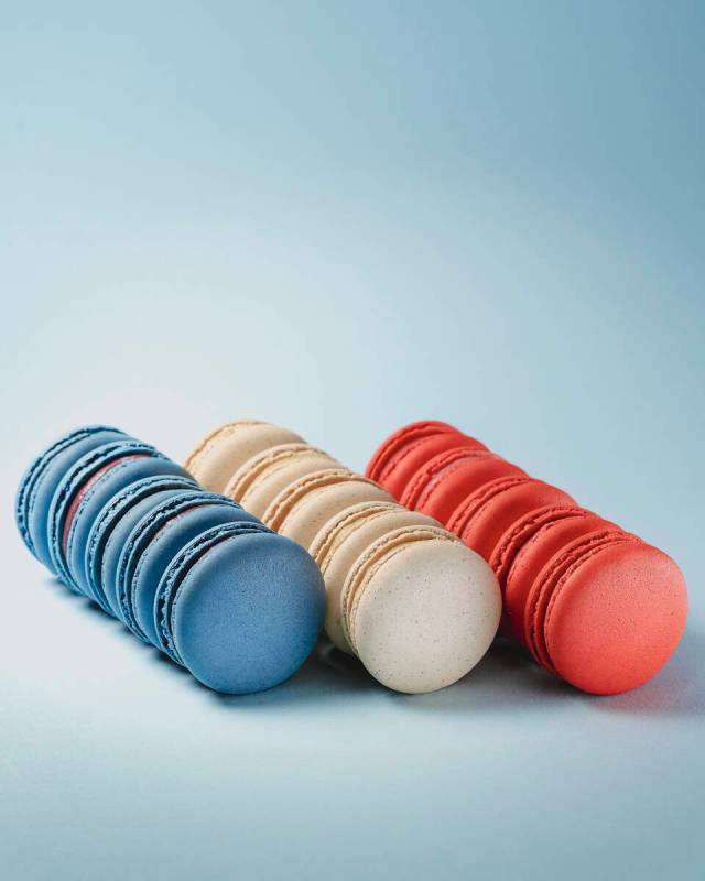 Blueberry, vanilla crème brûlée and raspberry macarons from Jean-Marie Auboine Chocolatier r ...