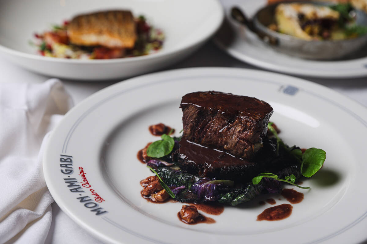 The duo of braised beef flat iron and tenderloin at Mon Ami Gabi at Paris Las Vegas hotel-casin ...