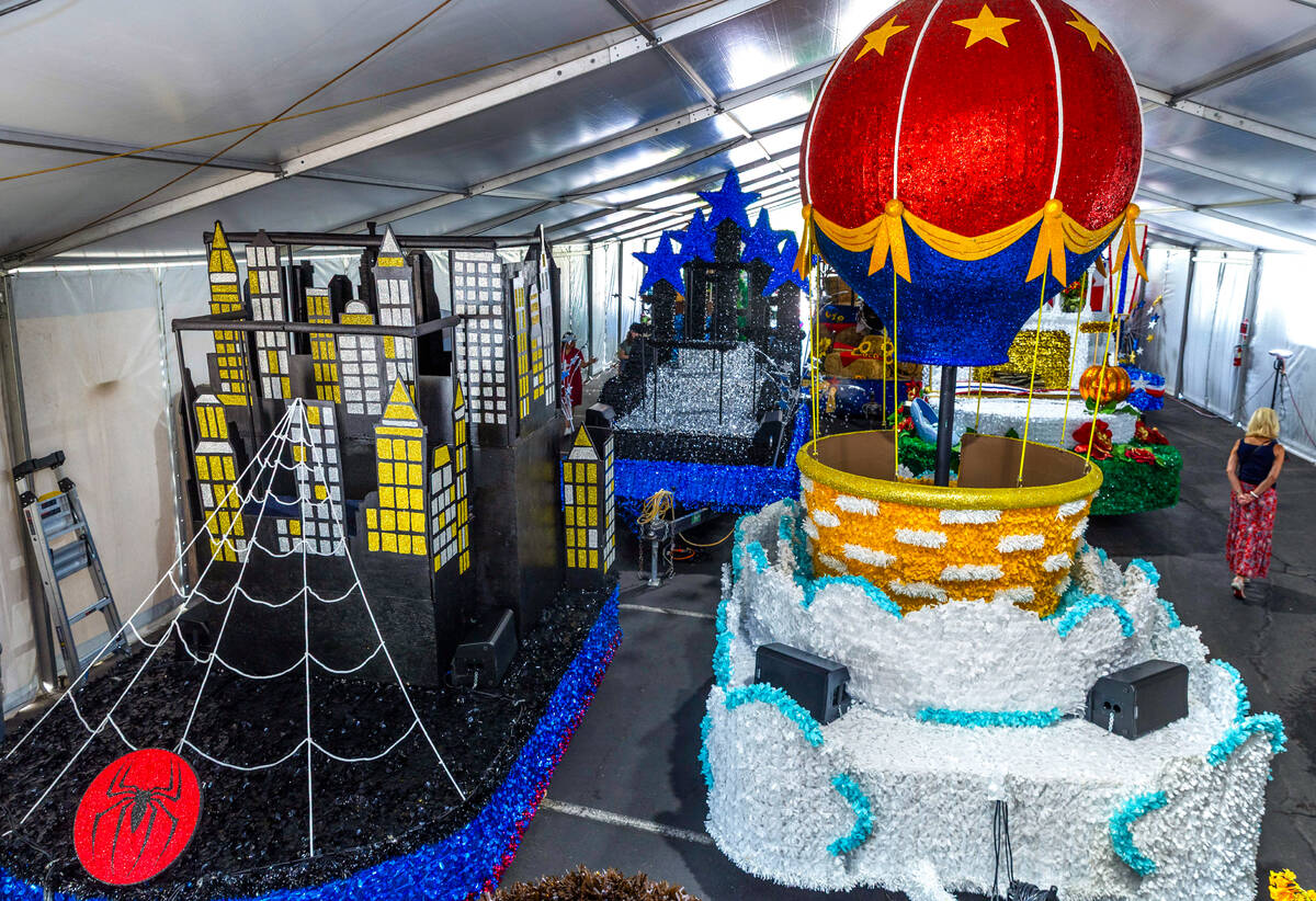 Final preparations on floats continue in Trails Park for the 31st annual Summerlin Patriotic Pa ...