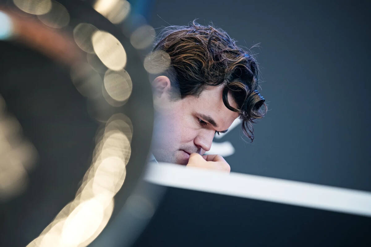 Five-time world chess champion Magnus Carlsen ponders his next move during the Grenke Freestyle ...