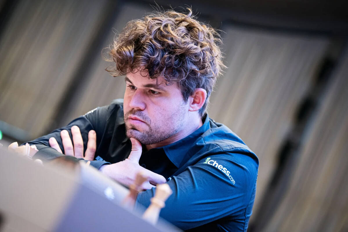Five-time world chess champion Magnus Carlsen ponders his next move during the Grenke Freestyle ...