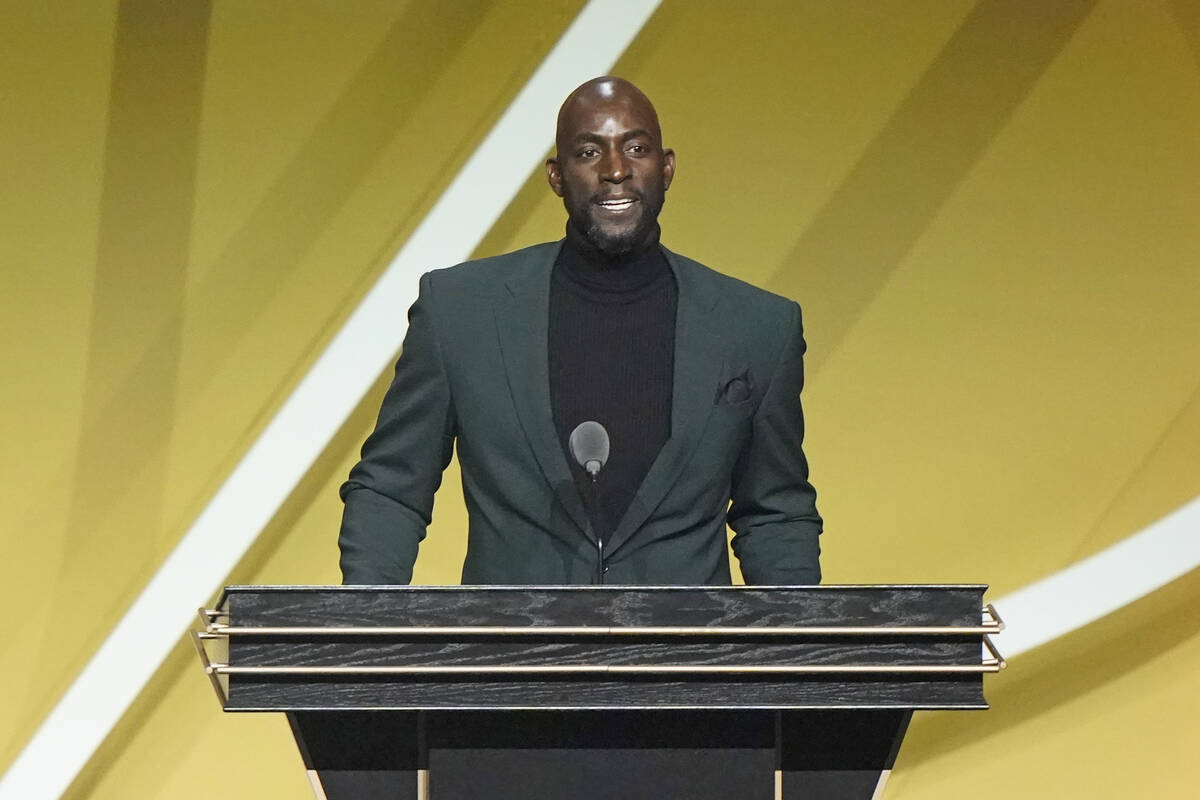 Kevin Garnett speaks as he is enshrined in the 2020 class of the Basketball Hall of Fame, Satur ...