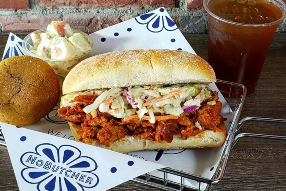 A vegan pulled NoPork sandwich from NoButcher, a vegan deli and restaurant that closed its two ...