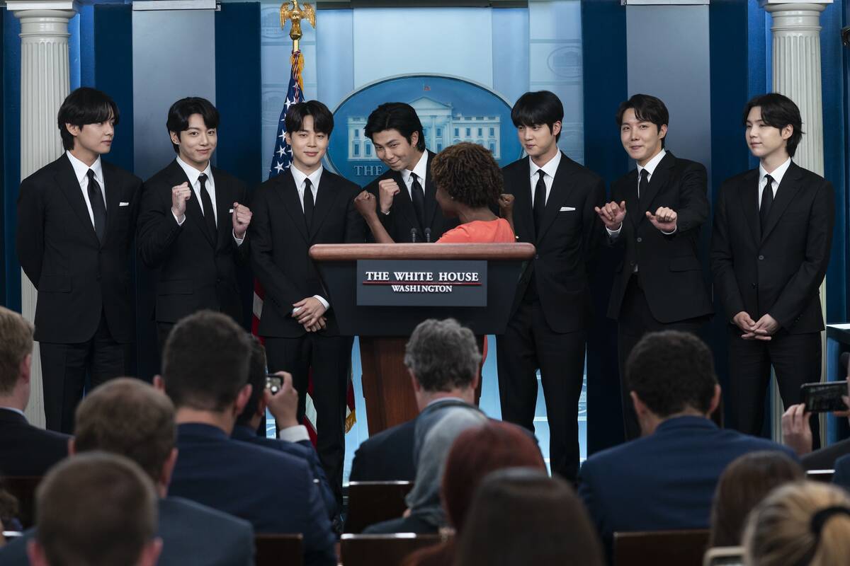 Members of the K-pop supergroup BTS from left, V, Jungkook, Jimin, RM, Jin, J-Hope, and Suga jo ...