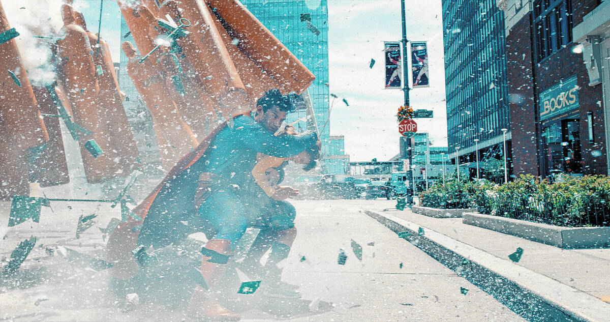 David Corenswet’s Man of Steel has his hands full in a scene from “Superman&#x201 ...