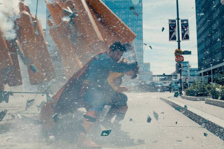 David Corenswet’s Man of Steel has his hands full in a scene from “Superman&#x201 ...