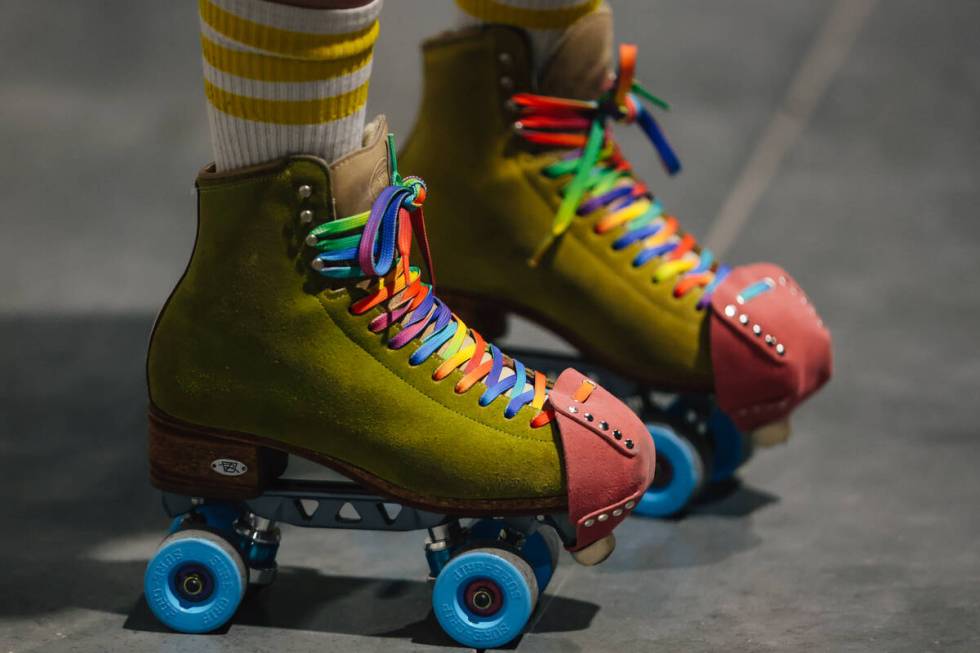 A skater wears colorful laces during RollerCon at the World Market Center Thursday, July 10, 20 ...