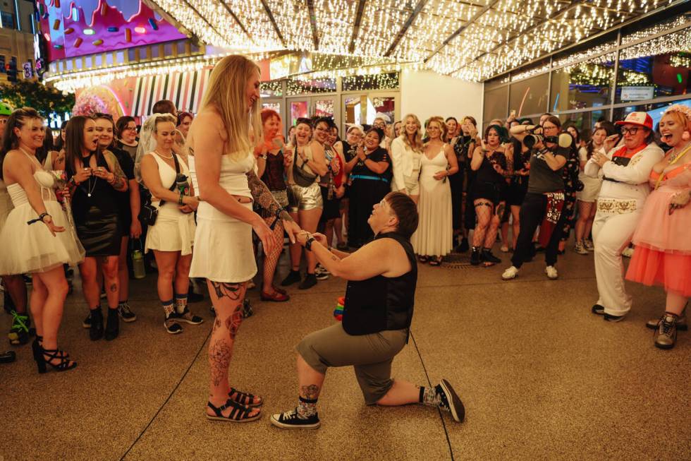 Alexis Henkelman, left, reacts as Carri West proposes after participating in a fake RollerCon d ...