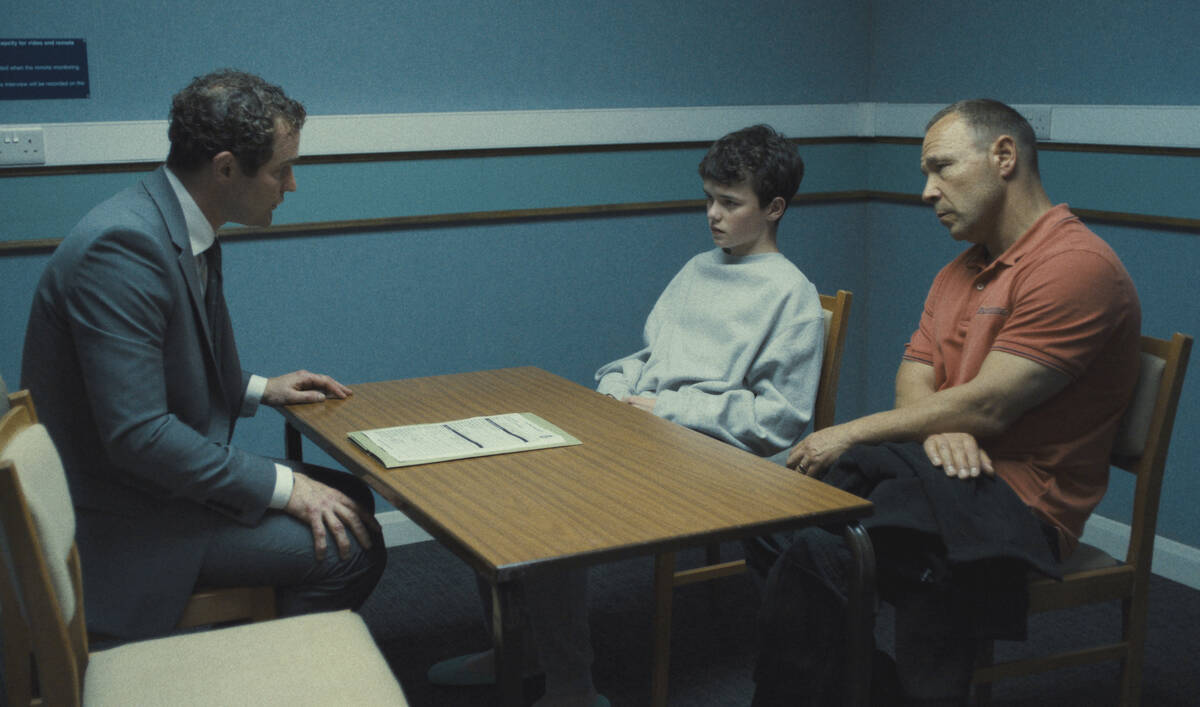 This image released by Netflix shows Mark Stanley, from left, Owen Cooper and Stephen Graham in ...