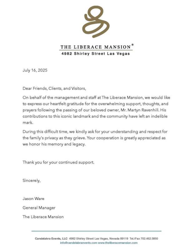 Liberace Mansion's statement on the passing of owner Martyn Ravenhill. (The Liberace Mansion)