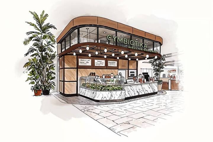 A rendering of Cymbiotika Wellness Bar set to open in late summer 2025 in Promenade food hall a ...