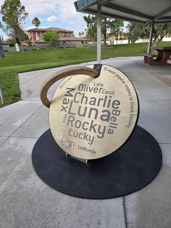 A plaque in Mountain Crest Park lists popular dog names in Clark County, including Luna, Charli ...