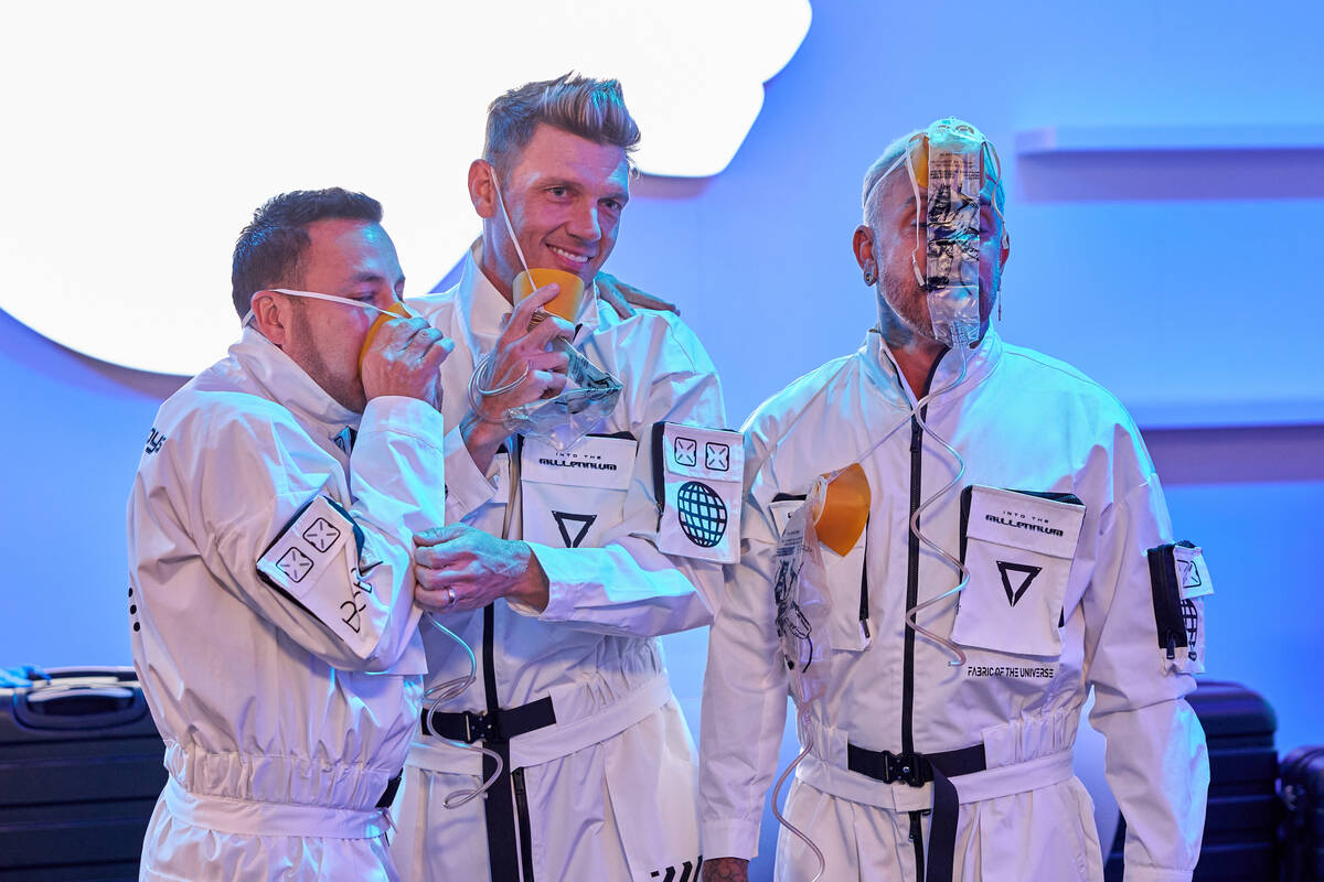 Backstreet Boys members Howie Dorough, Nick Carter and AJ McLean film an “airline safety”-t ...