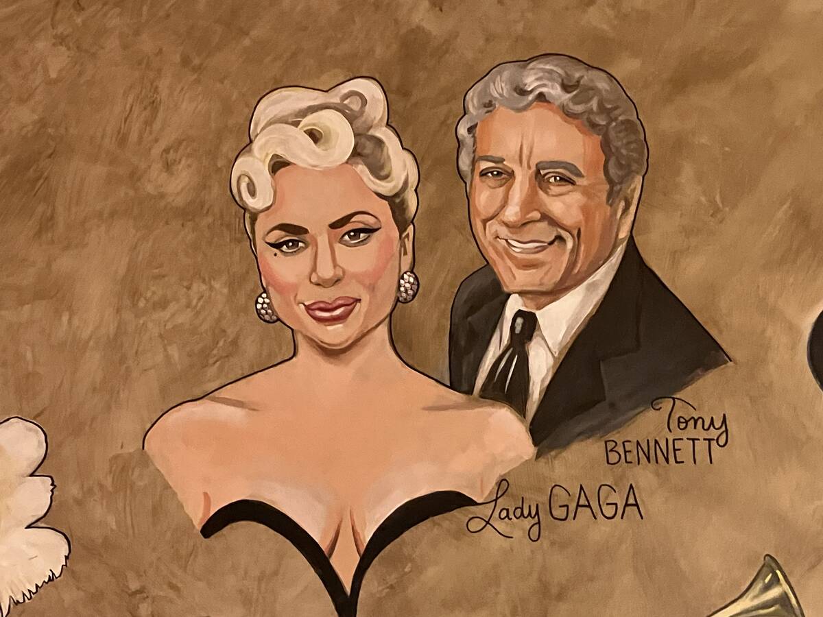 Las Vegas artist Erica Deutsch's portrait of Lady Gaga and Tony Bennett are shown at Palm Resta ...