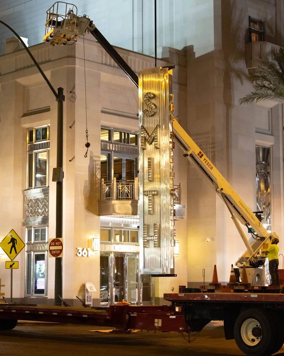 One of the two new "blade signs" at The Smith Center for the performing arts is shown under con ...