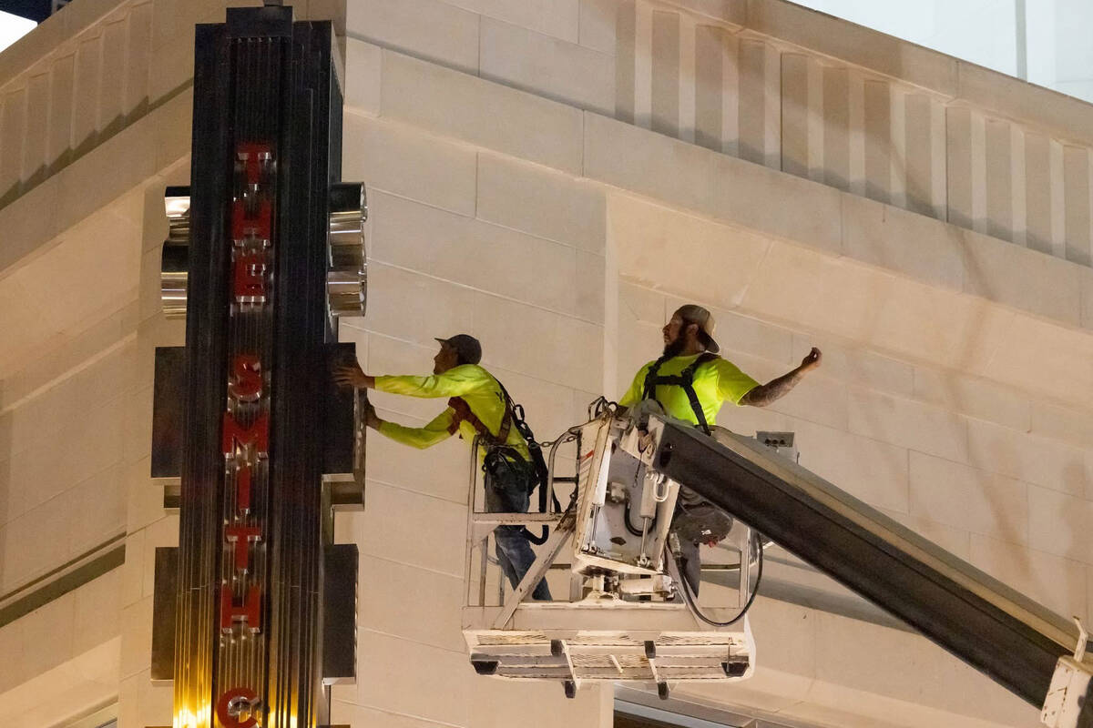 One of the two new "blade signs" at The Smith Center for the performing arts is shown under con ...