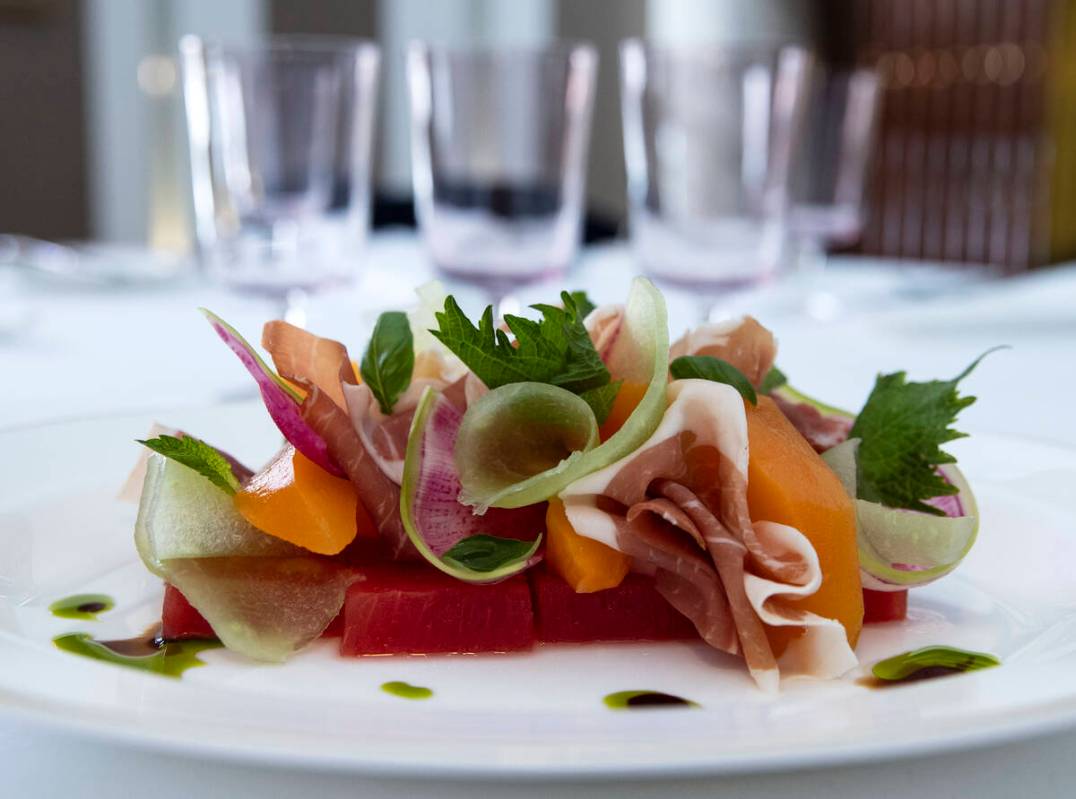Prosciutto with summer melon is displayed at Delilah Supper Club at Wynn, on Friday, June 18, 2 ...