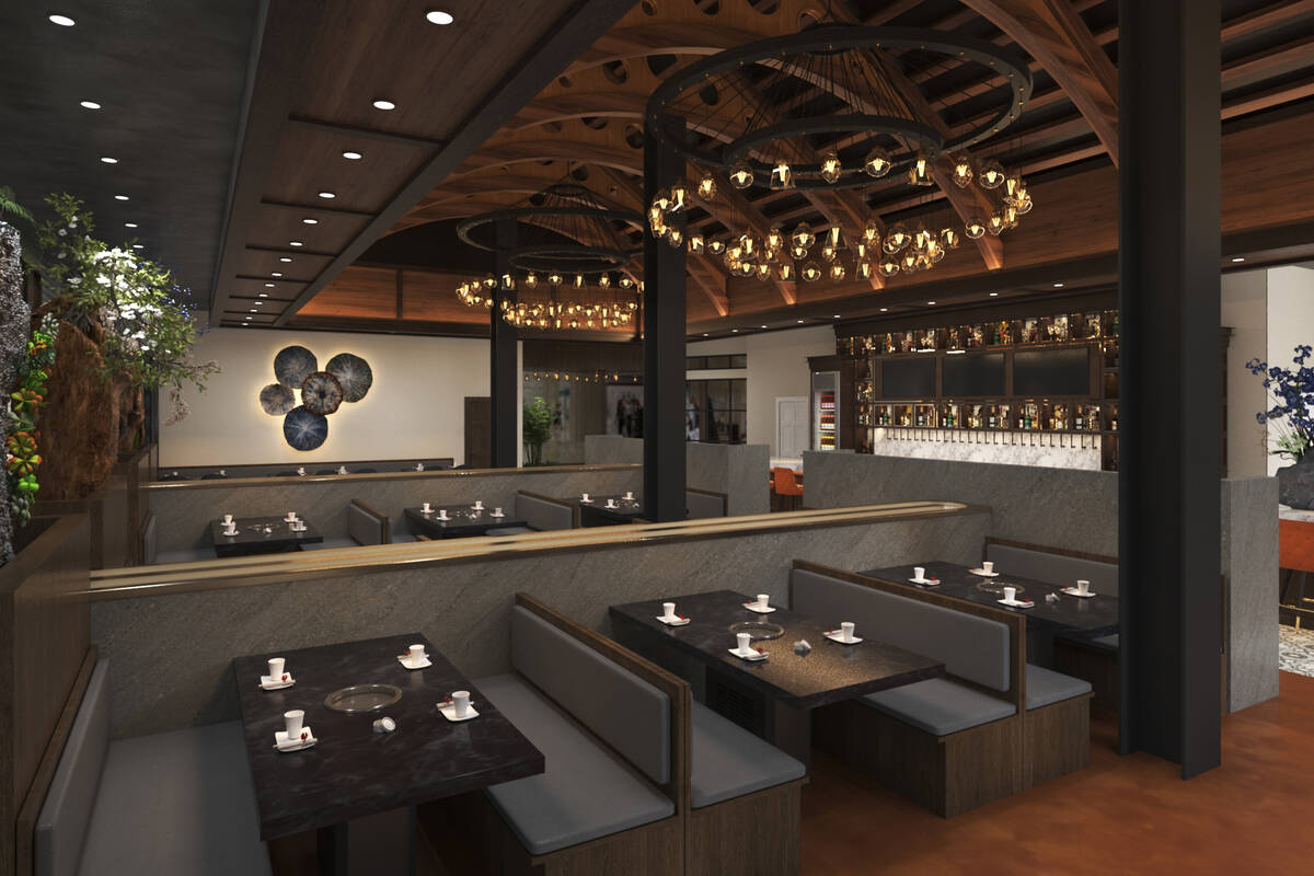 A rendering of the dining room at Master Kim's Korean BBQ set to open in spring 2026 at Palace ...