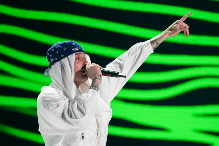 Peso Pluma performs during the FireAid benefit concert on Thursday, Jan. 30, 2025, at Intuit Do ...