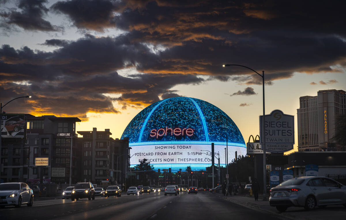 The Sphere is seen from Twain Avenue on Monday, March 3, 2025, in Las Vegas. (Chase Stevens/Las ...