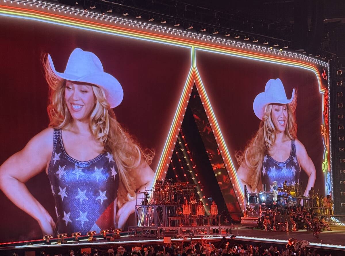 Beyoncé’ is shown at her "Cowboy Carter Tour" performance at Allegiant Stadium on Friday, Ju ...