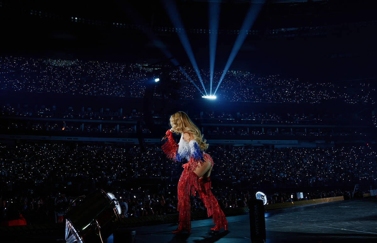 Beyoncé, is shown at the "Cowboy Carter Tour" finale at Allegiant Stadium on Saturday, July 26 ...