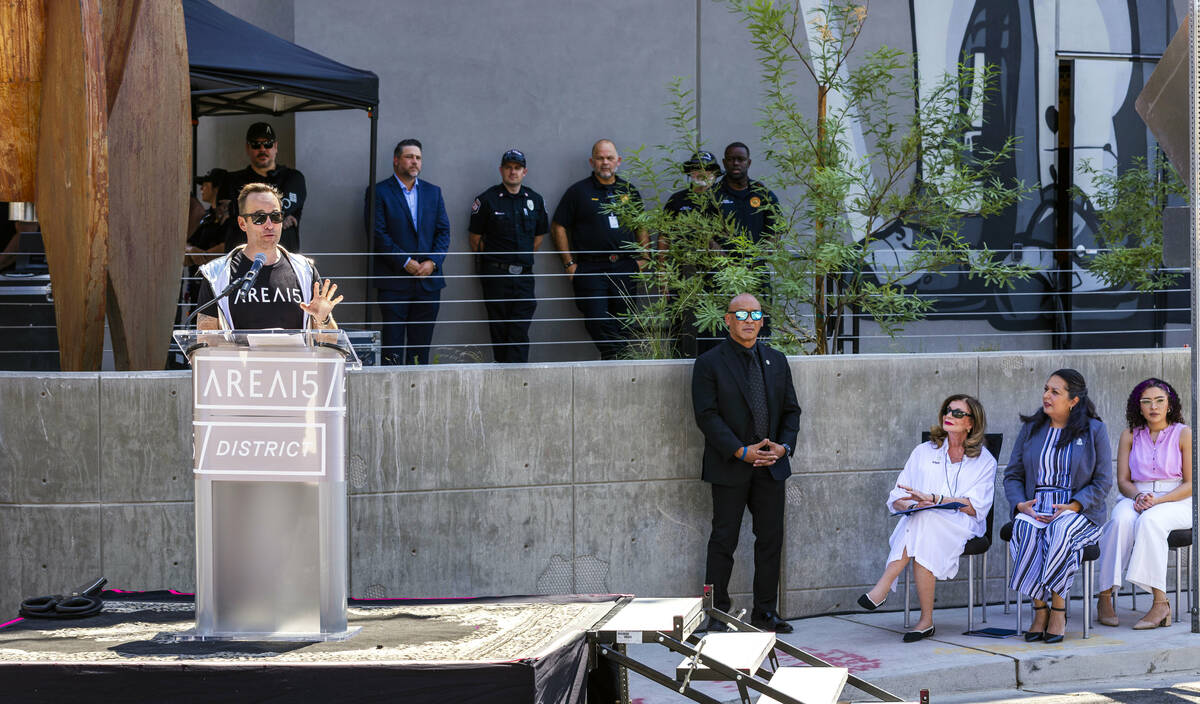 Winston Fisher, AREA15’s chief executive officer, speaks while joined by Mayor Shelley B ...