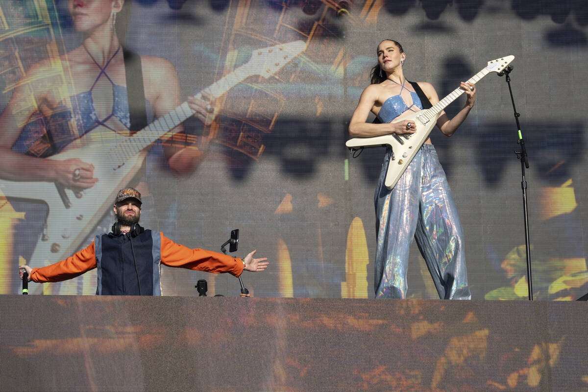 Tucker Halpern, left, and Sophie Hawley-Weld of SOFI TUKKER perform at the 2025 BottleRock Napa ...