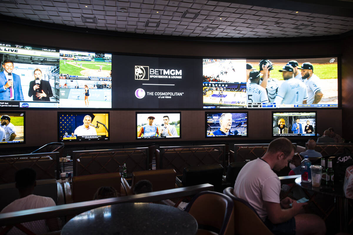 The BetMGM Sportsbook at The Cosmopolitan of Las Vegas on Monday, Aug. 22, 2022, in Las Vegas. ...
