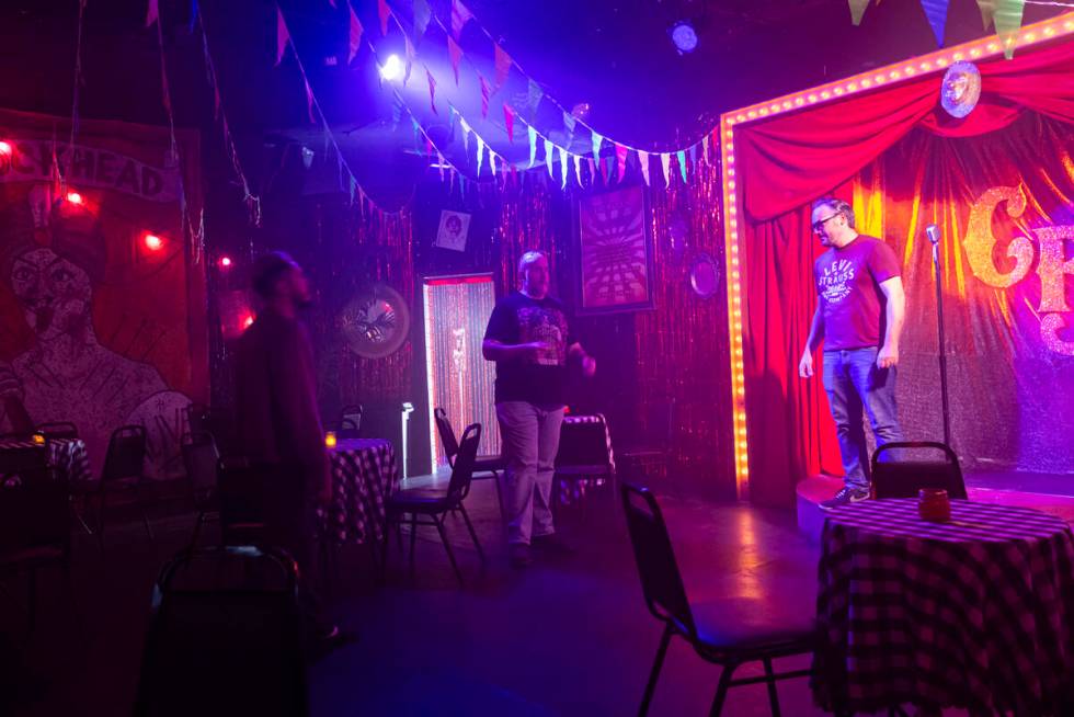 Troy Heard, founder and artistic director of the Majestic Repertory Theatre, center, rehearses ...