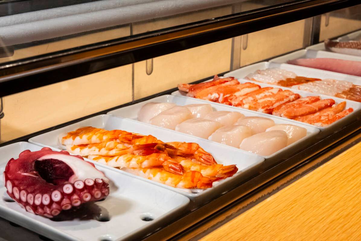 A variety of seafoods are seen at the sushi bar at Nobu at Paris Las Vegas on Monday, July 28, ...