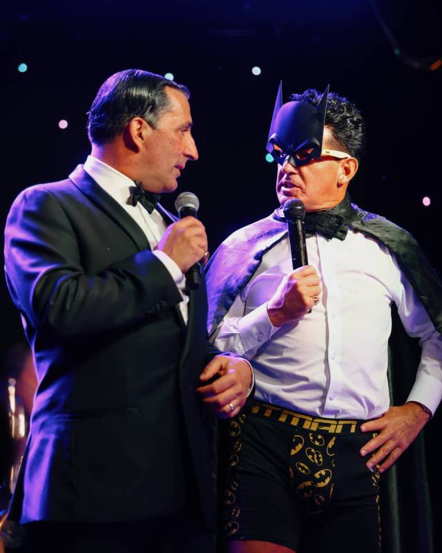 Chris Jason and Drew Anthony joke onstage as Frank Sinatra and Dean Martin during The Rat Pack ...
