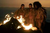 This image released by Apple TV+ shows Te Kohe Tuhaka, from left, Jason Momoa and Siua Ikale'o ...