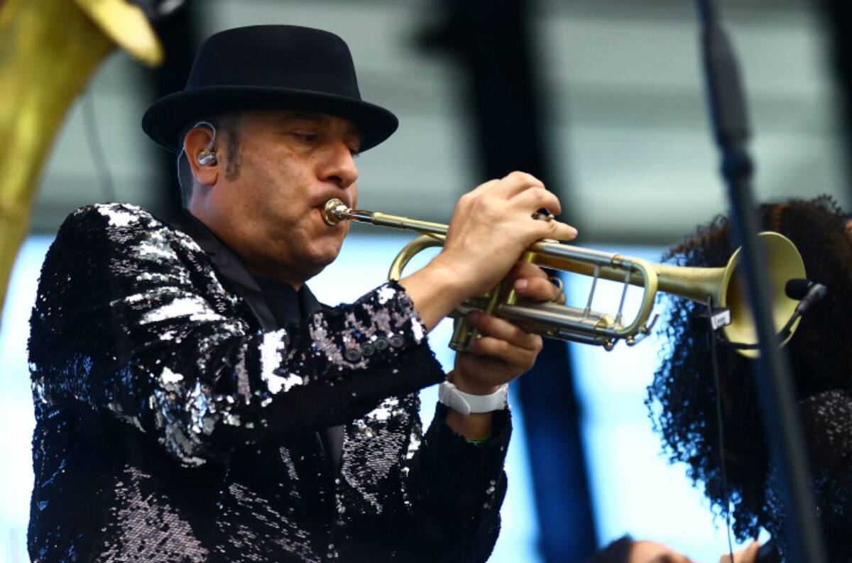 David Perrico leads his Pop Strings Orchestra at Allegiant Stadium in Las Vegas on Monday, June ...