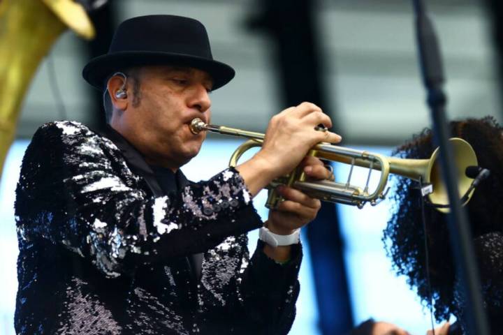 David Perrico leads his Pop Strings Orchestra at Allegiant Stadium in Las Vegas on Monday, June ...